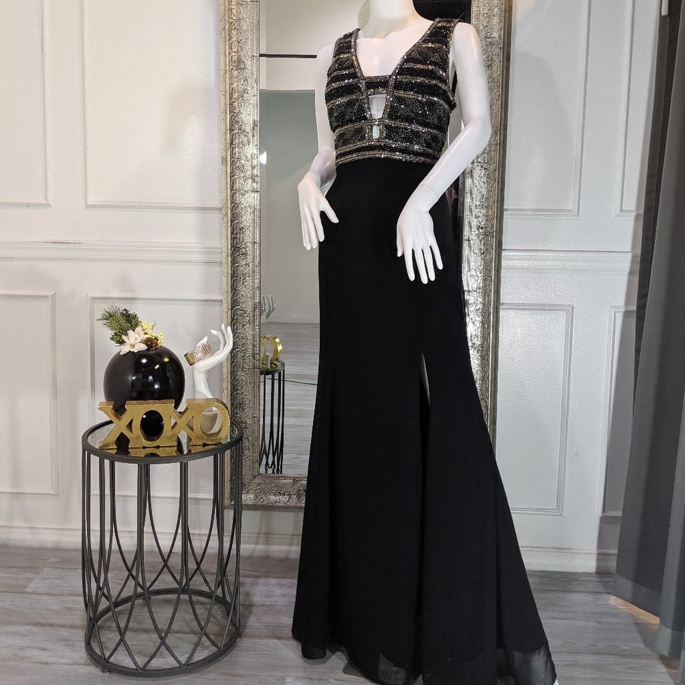 Adrianna Papell Black Maxi Gown with Beaded Silver Bodice